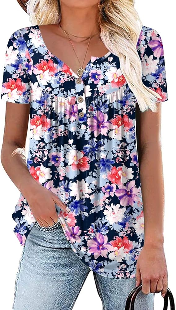 Aodemo Women's 2024 Summer Henley V Neck Button Up Tunic Ladies Loose Fit Tops Flowy Short Sleeve/Sleeveless Blouse