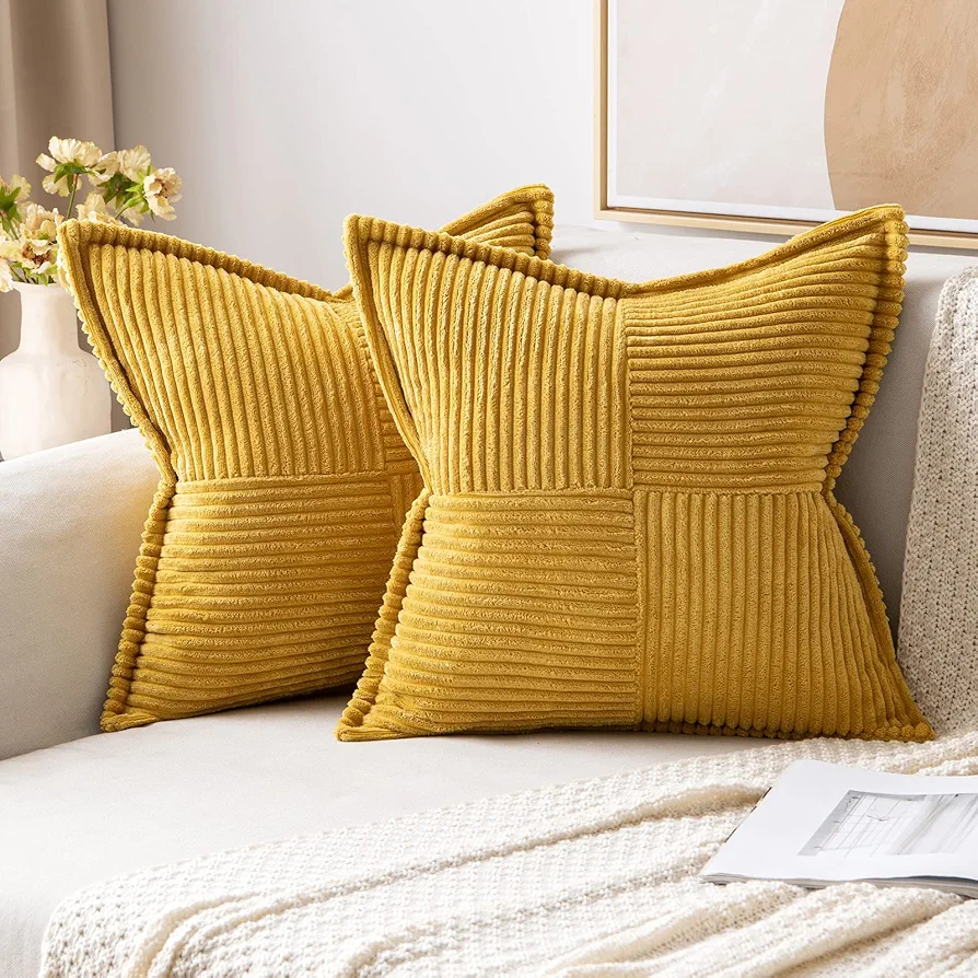 MIULEE Mustard Yellow Pillow Covers 18x18 Inch with Splicing Set of 2 Super Soft Boho Striped Corduroy Pillow Covers Broadside Decorative Textured Throw Pillows for Fall Couch Cushion Livingroom