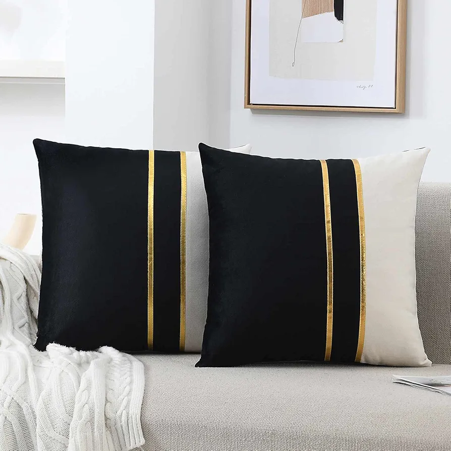 WACOMECO Velvet Throw Pillow Covers - Soft Decorative Cushion Covers Cases with Gold Leather for Sofa Bedroom Livingroom Car, 16 x 16 in, Black and White