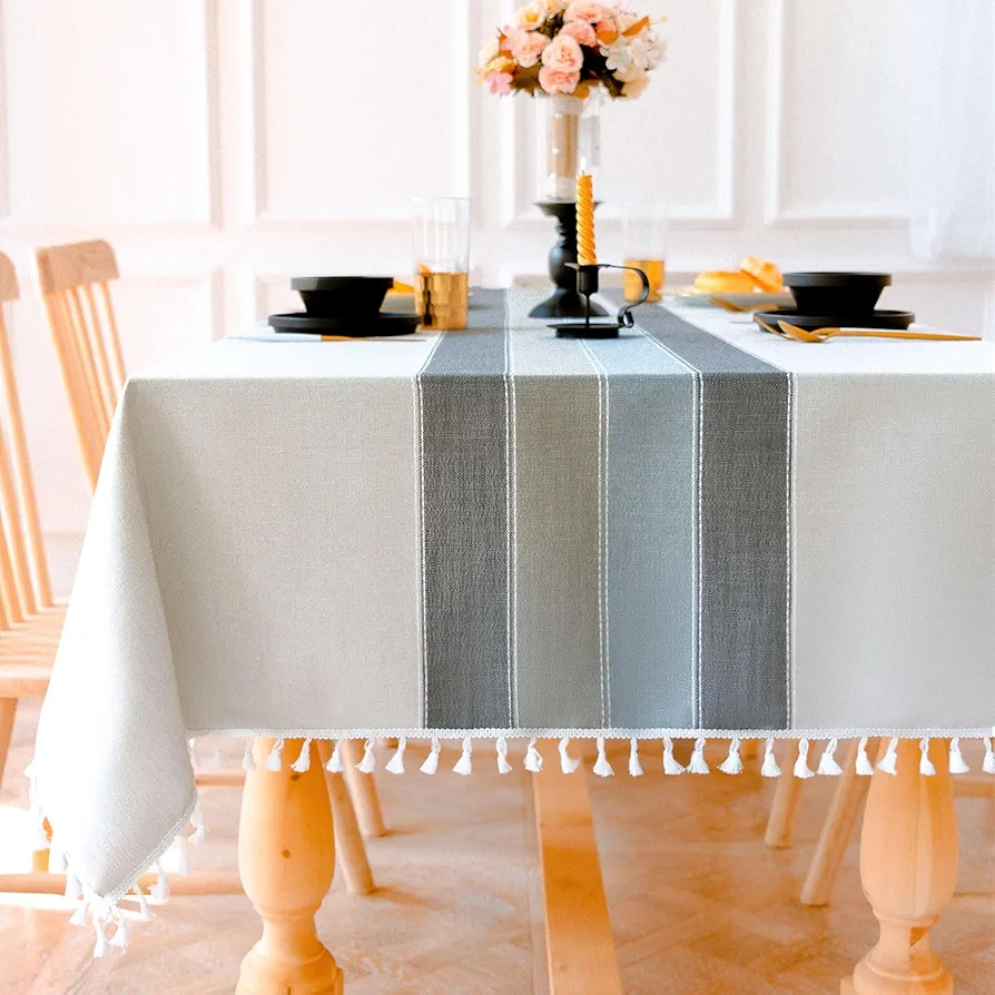 Table Cloth Rustic Linen Boho Style,Kitchen Dining Room Striped Tablecloths for Square Tables, Washable Wrinkle Resistant Table Cover(55''x55'',4 Seats, Grey)