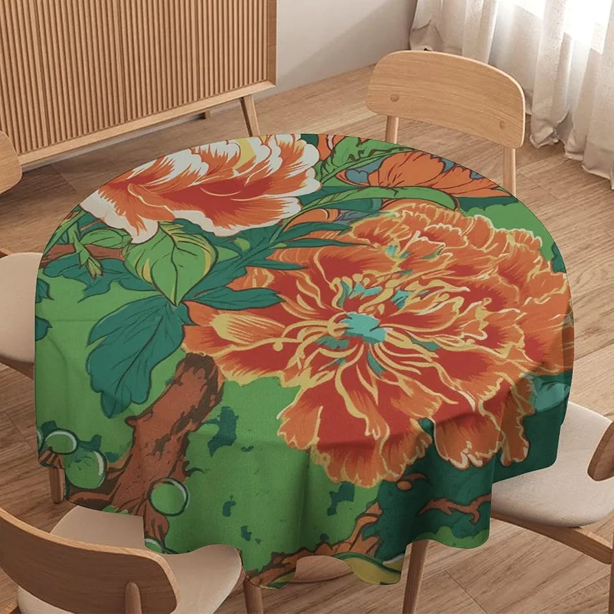 Chinoiserie Peony Flowers Round Tablecloth 36x36in Emerald Orange Green Asian Table Cloth Round Cover Waterproof Table Decor for Dining Room Buffet Banquet Parties Holiday Dinner