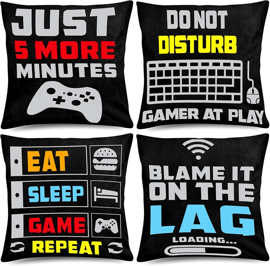 Whaline Video Game Throw Pillow 18 x 18 Inch Gamer Controller Pillow Cover Gaming Throw Cushion Cover 4 Pack Gamepad Logo Pillow Case Design for Home Office Car Sofa Couch Living Room