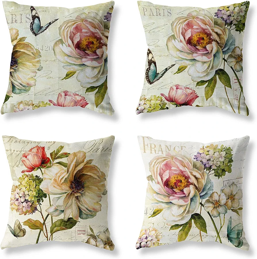 Farmhouse Decorative Throw Pillow Covers Vintage Flower Pillows Cover 18x18 Inch Set of 4 Cotton Linen Floral Outdoor Cushion Case Pillow Cases for Sofa Couch Living Room Bed Indoors Home Decor