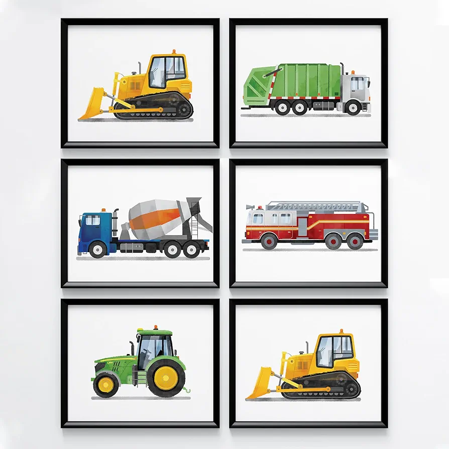 Truck Wall Art Prints,Construction Car Wall Art Print,Toddler Boy Room Decor,Play room Decor for Kids（Unframed,8x10inch,Set of 6）