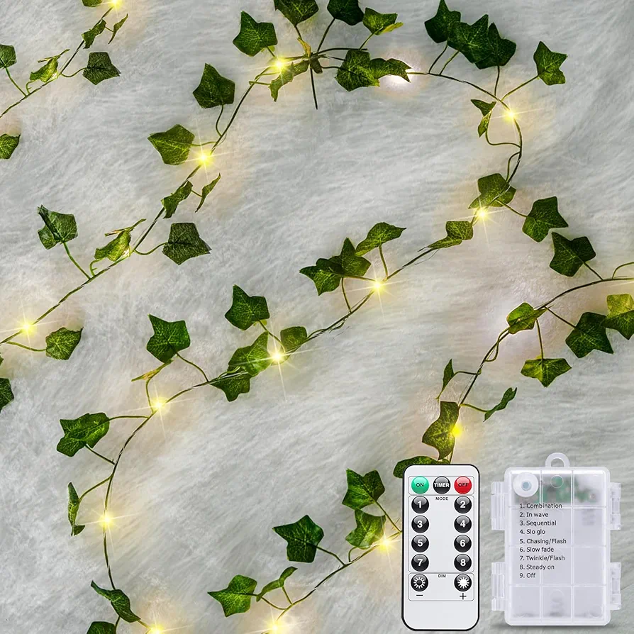 JMEXSUSS 33Ft Vines with Lights Battery Operated, 100 LED Ivy Vines with Fairy Lights with Remote, Leaf Lights for Room Bedroom Fireplace Wall Decoration (Warm White)