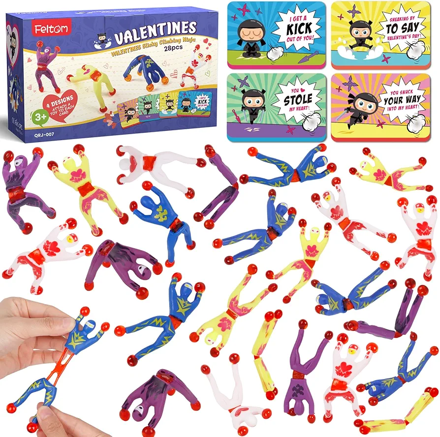 28 Packs Valentines Day Gifts Cards with Sticky Men Set for Kids Boys Girls, Wall Climbing Rolling Men Stress Relief Toys, Valentine School Classroom Exchange Prizes, Party Favor Supplies Gift Set