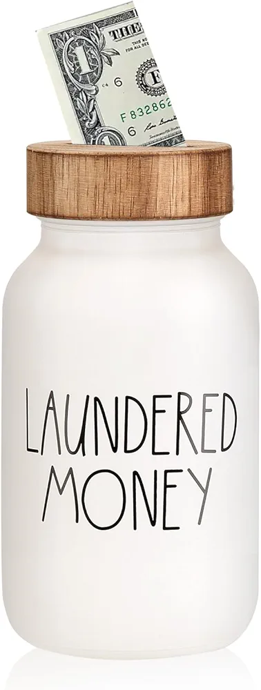 Laundry Room Bank Coin Jar Laundry Room Decor Rustic Country Farmhouse Home Decor Mason Jar with Wooden Top Funny Laundered Money Tip Jar Piggy Bank