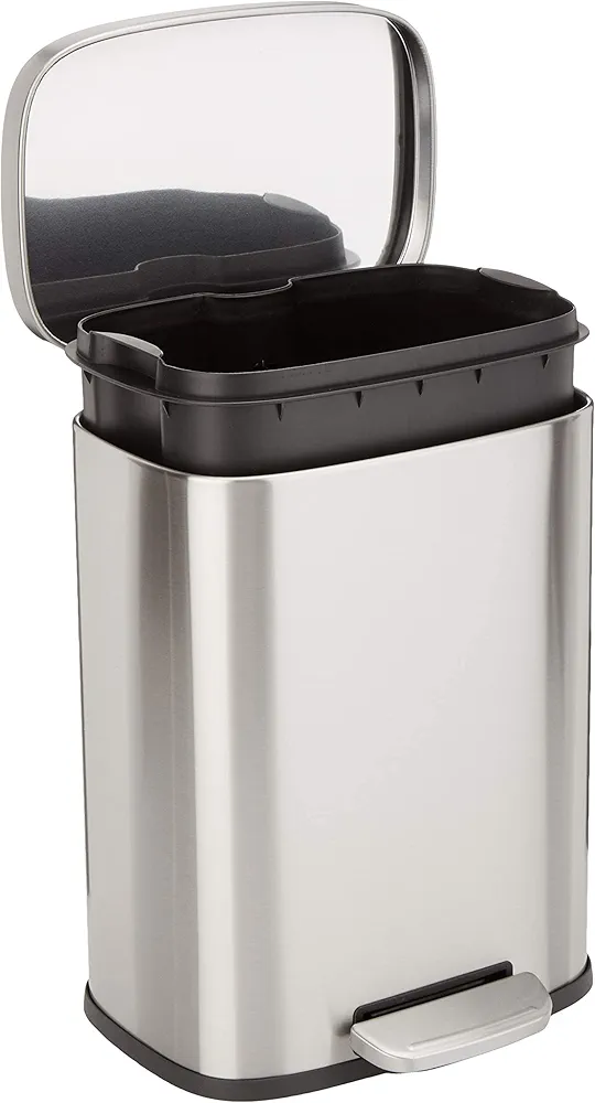 Amazon Basics Smudge Resistant Small Rectangular Trash Can With Soft-Close Foot Pedal, for Bathroom/ Living room, Brushed Stainless Steel,12 Liter/3.1 Gal, Satin Nickel Finish,11.3"L x 9.9"W x 15.1"H