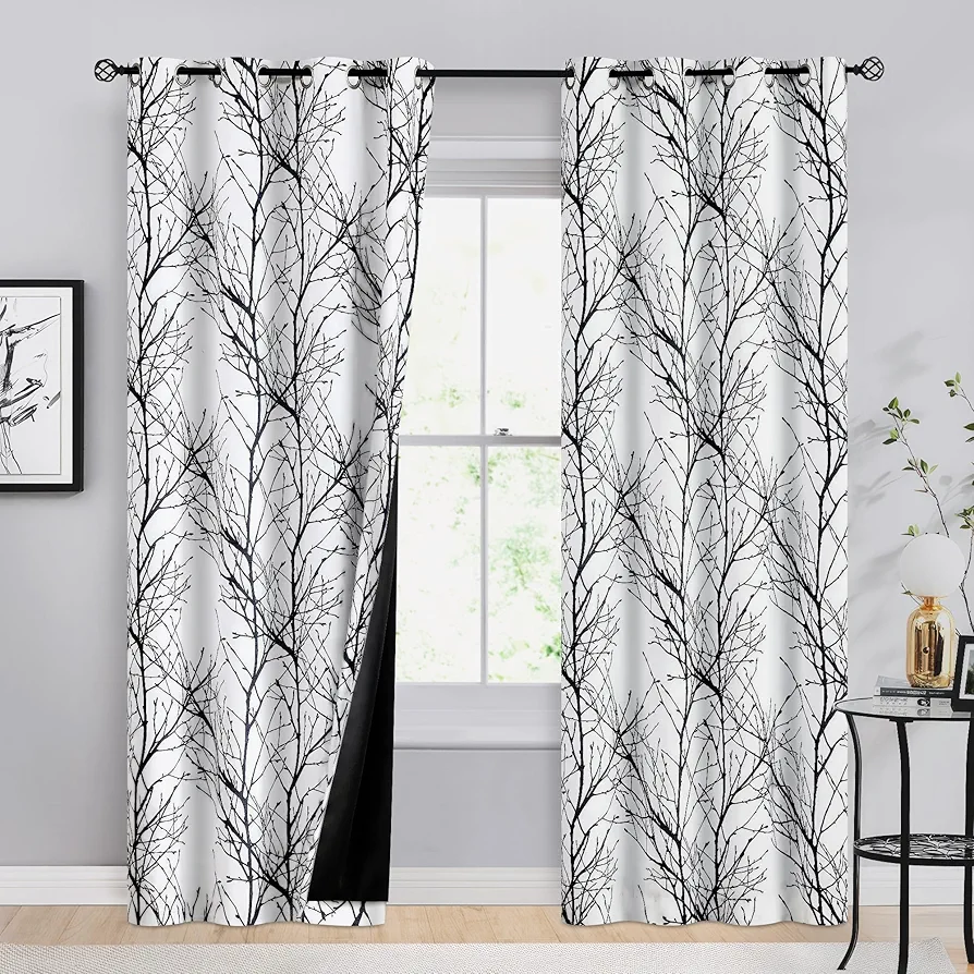 Black White 100% Full Blackout-Curtains 84inch Long Thermal Insulated Room Darkening Blackout Curtains with Modern Tree Branch Pattern, Grommet Curtains for Living Room, 2 Panels, 50 by 84 Inch