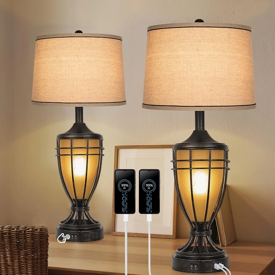 26" Farmhouse Rustic Table Lamps Set of 2, Vintage Desk Lamp with LED Night Light & Dual USB Charging Ports, Linen Fabric Shade, Retro Bedside Nightstand Lamp for Bedroom Living Room End Table(Bronze)