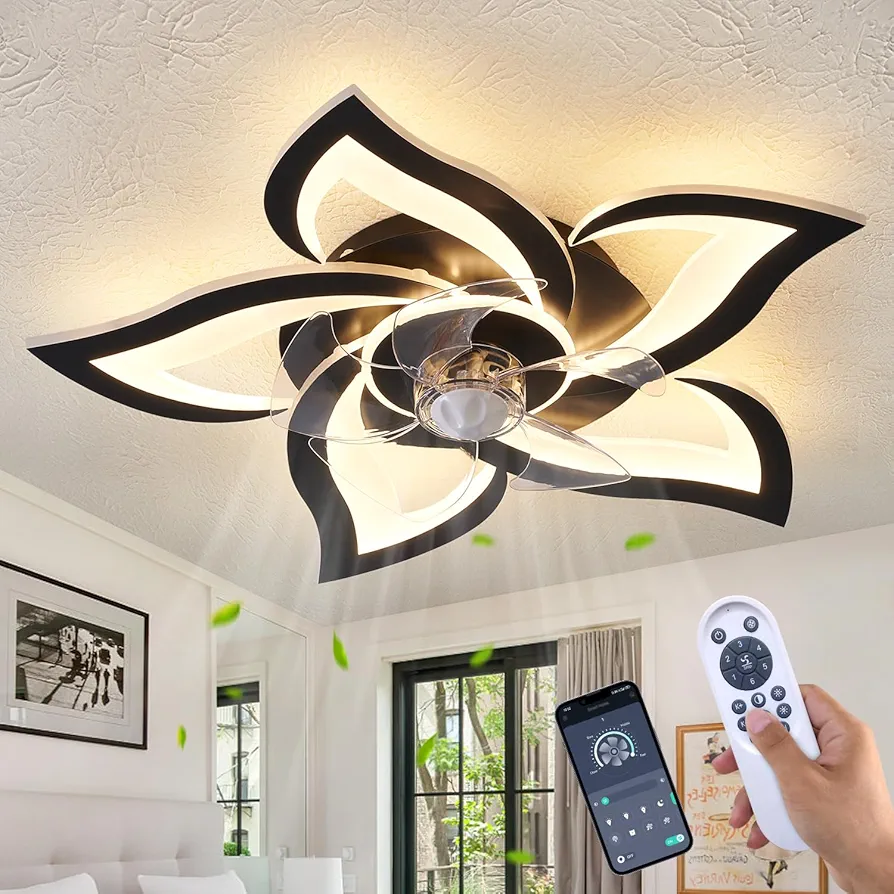 HuixuTe 24" Ceiling Fan with Lights Remote Control, 6 Speeds 3 Colors Geometric Ceiling Fan, Black Low Profile Ceiling Fan with Light for Kitchen Bedroom Living Room