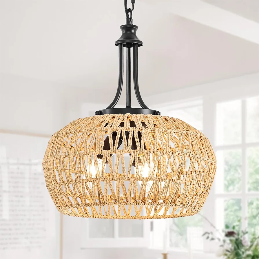 Farmhouse Chandelier Light Fixtures, 3-Light Rattan Boho Pendant Lighting Ceiling Hanging Lamp with Woven Lampshade, Coastal Hanging Light Fixtures for Dining Room Kitchen Island Living Room Entryway