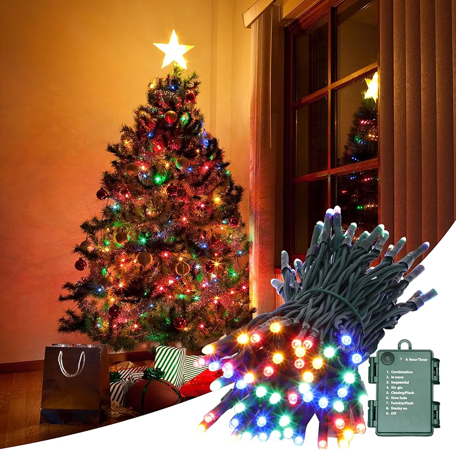 34.1FT 100 LED Battery Operated Christmas Tree Lights Indoor Outdoor Cluster String Light with Timer 8 Modes Dark Green Wire Fairy Light Xmas Patio Bedroom Garden Decorations (Multicolor)