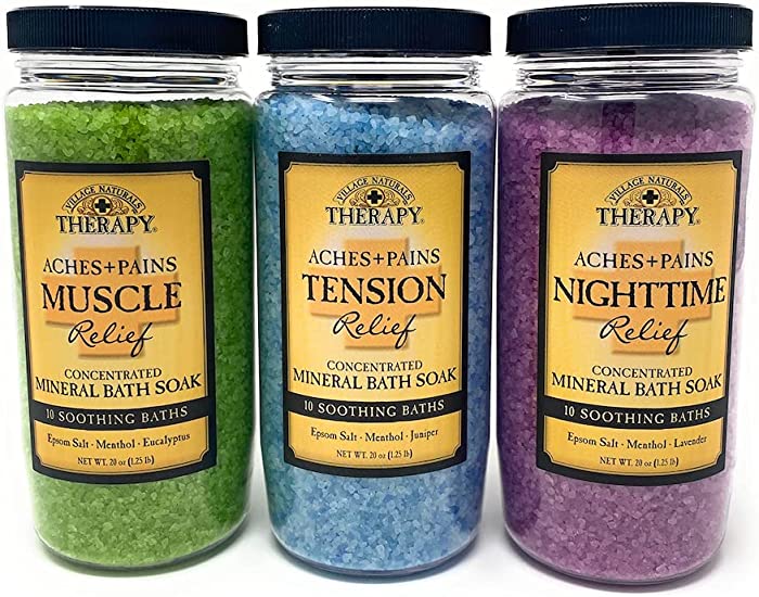 Village Naturals Therapy Mineral Bath Soak Variety Set 3 Pack - Restless Nights, Aches & Pain, Stress & Tension (20oz Jars)