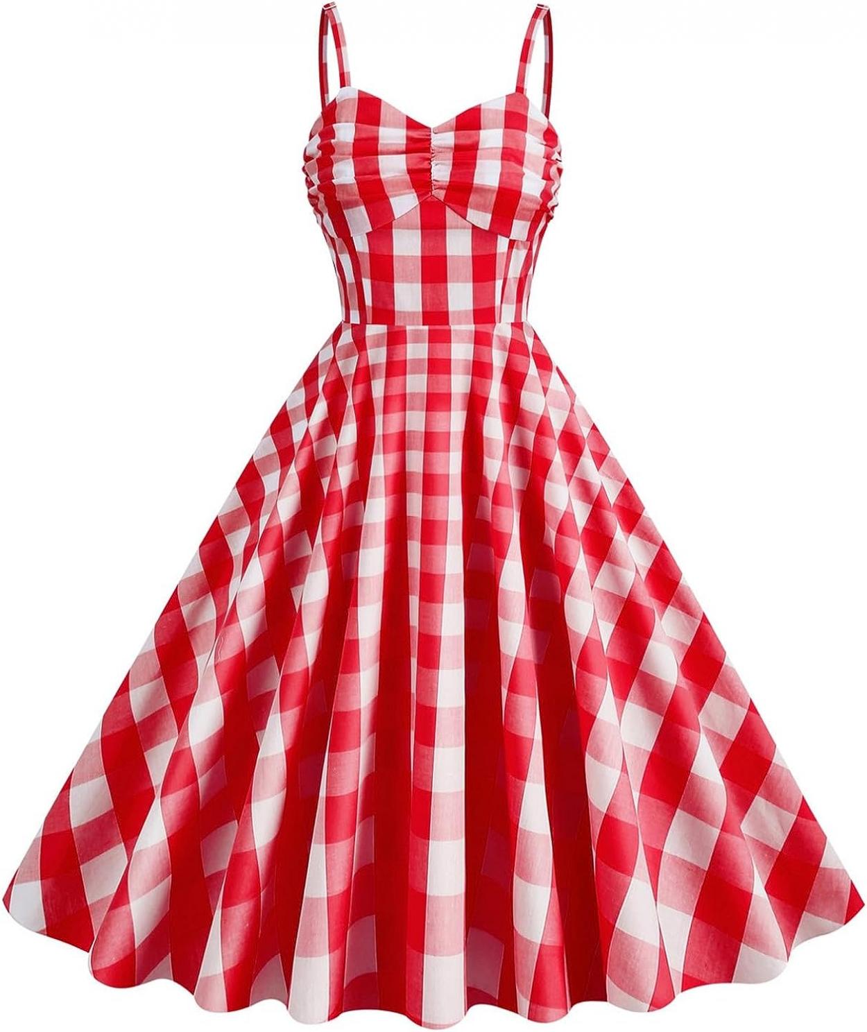 Women Vintage Halter Neck 1950s Pink Plaid Dress Pin Up Checkered Cocktail Dress Vintage Rockabilly Dresses