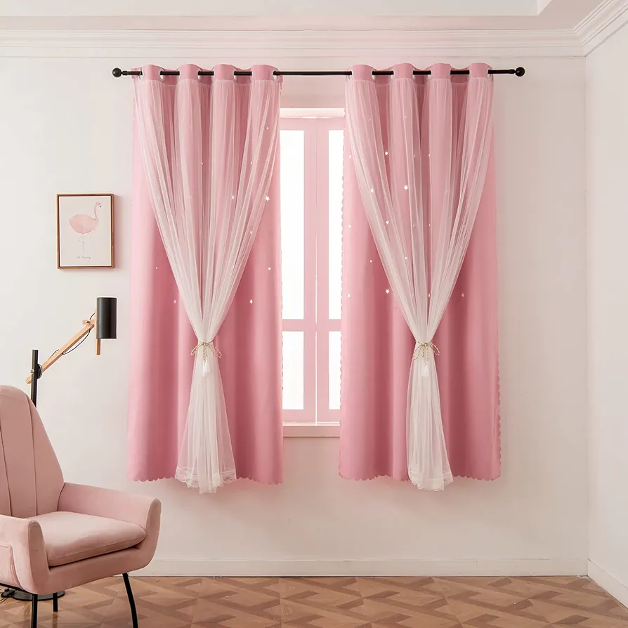 Pink Curtains for Girls Bedroom Kids Baby Room Decor Cute Double Layer Star Cutout Curtains Room Darkening Window Curtains for Nursery (Pink, 52W x 63L,2 Panels)