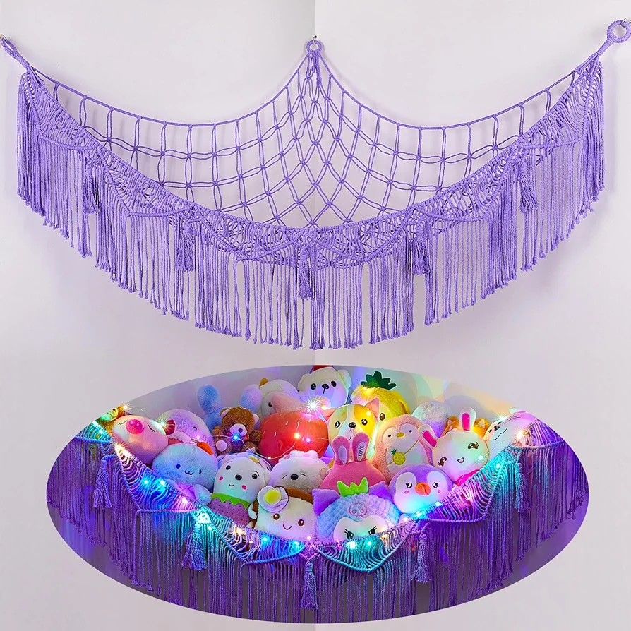 Basumee Stuffed Animals Hammock Corner with Tassels Toy Storage Organizer Hanging Net for Stuffed Animals Storage Girls Kids Room Decor Stuff Animals Holder Toy Hammock, Purple