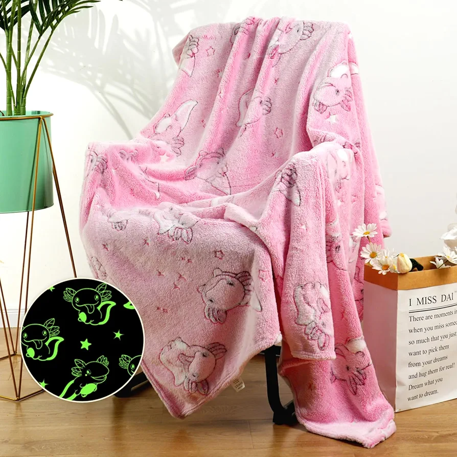 Axolotl Blanket Glow in The Dark Soft Blanket Salamander Pink Throw Axolotl Toys Room Decor Cute Cozy Pink Kids Blanket Throw for Girls Teen (Axolotl, 50"X60")