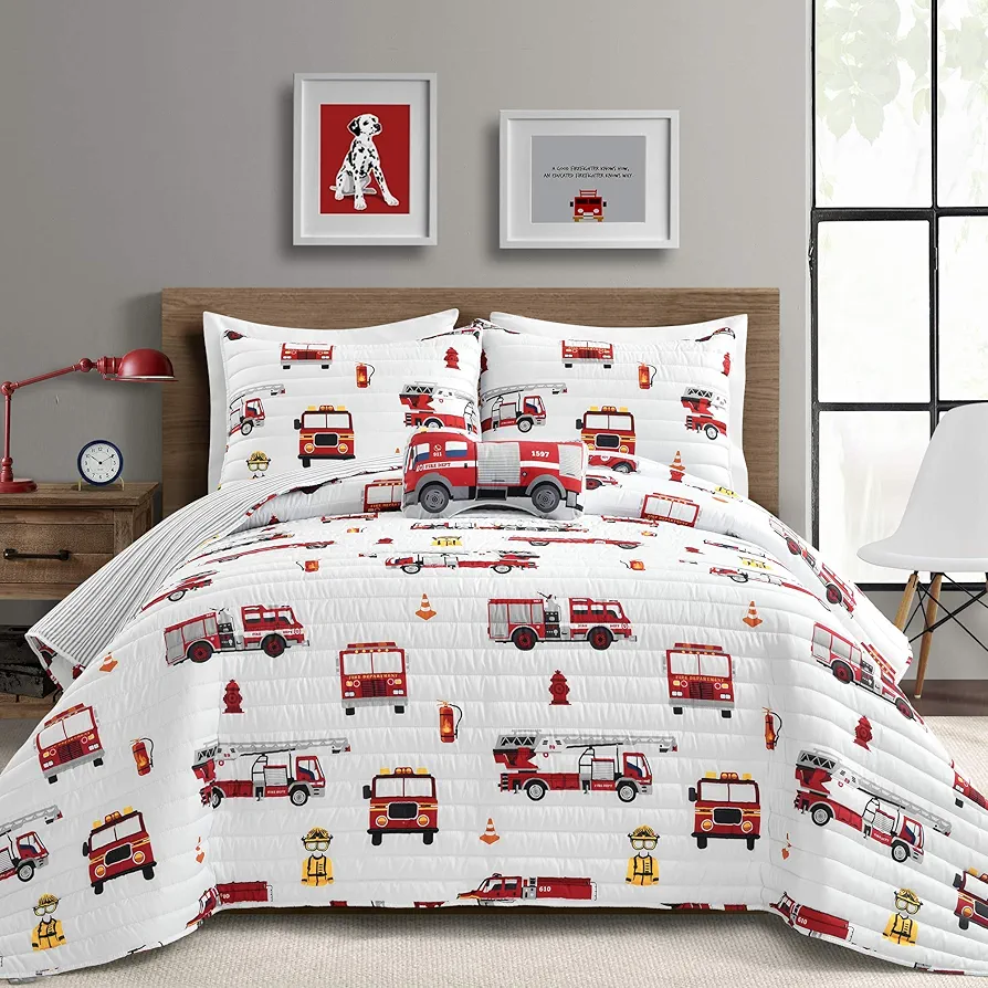 Lush Decor Fire Truck Quilt 3 Piece Set, Twin, Red & White - Reversible Stripe Print Toddler Bedding Set for Kids Room