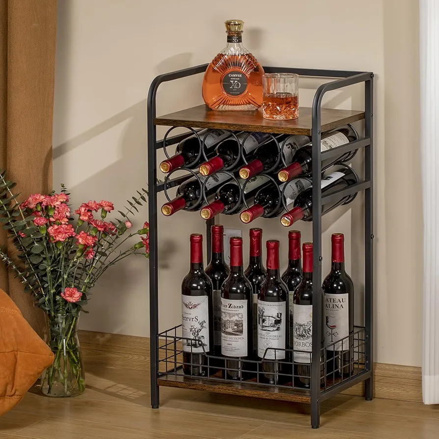 3-Tier Wine Rack Freestanding Floor,Small Liquor Bar Cabinet with 8-Bottle Wine Holder,Corner Wine Bar Cabinet Holder with Tabletop,Mini Floor Liquor Stand for Home Bar,Kitchen,Dining Room,Living Room