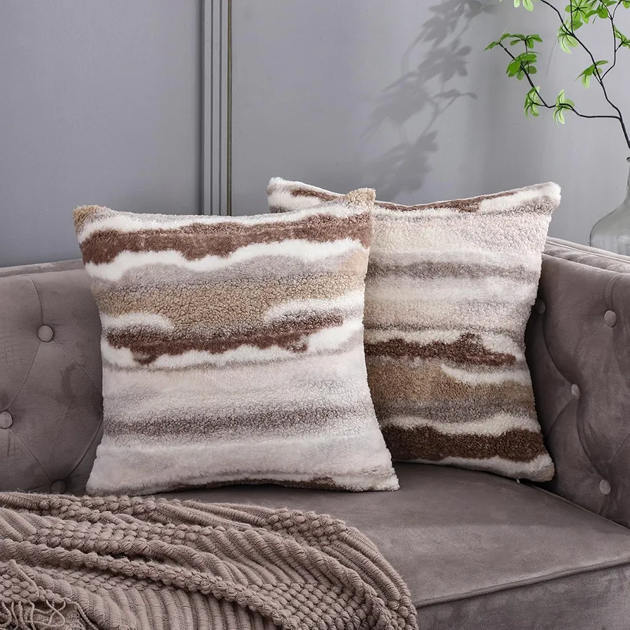 Fluffy Couch Throw Pillow Covers 18x18 Neutral Boucle Faux Fur Decorative Boho Plush Sherpa Fuzzy Accent Cushion Cases Aesthetic Decor Winter for Home Bed Bedroom Living Room Sofa,Set of 2 Beige Cream