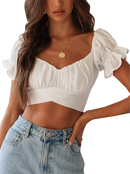 LYANER Women's Ruffle Short Sleeve Tie Up Back Crop Top Off Shoulder Bardot Blouse