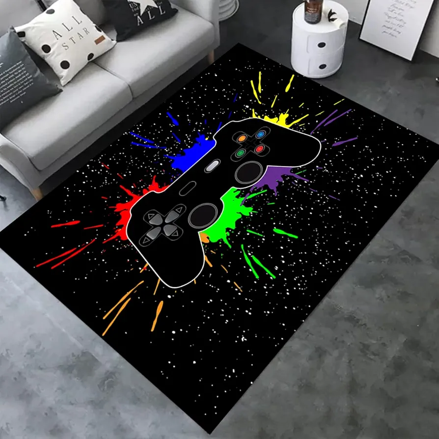 Black Games Carpet 3D Watercolor Colorful Printed Controller Rug for Gamer Boys Kids Gaming Room Bedroom Doormat Sofa Floor Mat 35.4"x23.9"