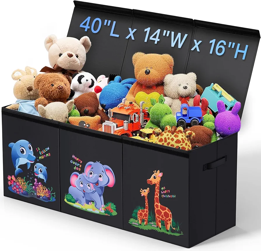 Large Toy Box Toy Chest Storage Organizer w/Removable Divider& Flip-Top Lid, Collapsible Sturdy Storage Bins Baskets, Toy Box for Kids, Toddler, Boys, Girls, Nursery, Playroom, Living Room, Closet