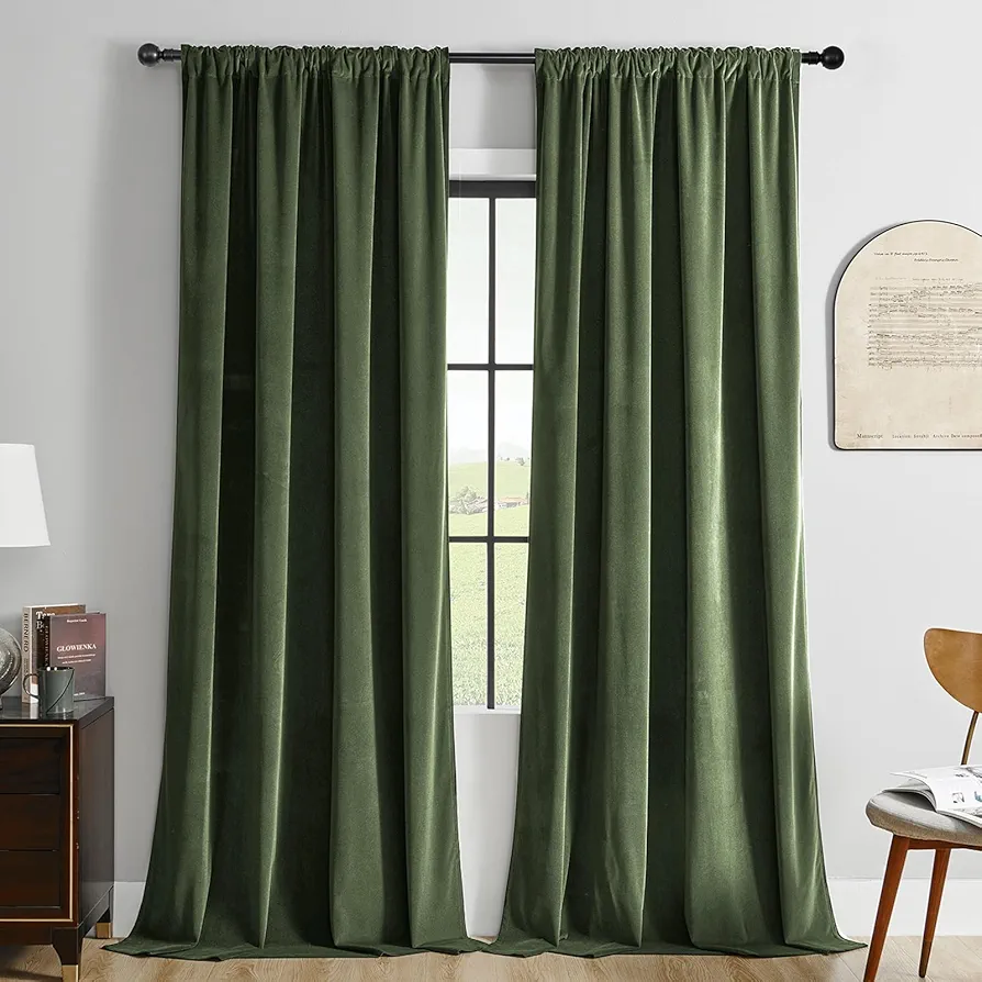 Joydeco Green Velvet Curtains 96 inch 2 Panel, Room Darkening Super Soft Velvet Drapes for Bedroom Living Room Thermal Insulated Window Drapes, Luxury Blackout Rod Pocket Curtains,W52 x L96 inch