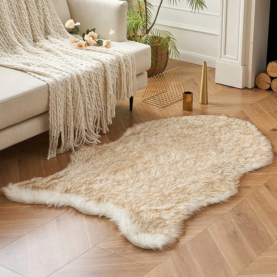 MIULEE 3x5 Feet Faux Fur Sheepskin Rug, Luxury Fluffy Area Rugs - Super Soft Decorative Shag Carpet for Bedroom, Living Room, and Nursery, White and Brown