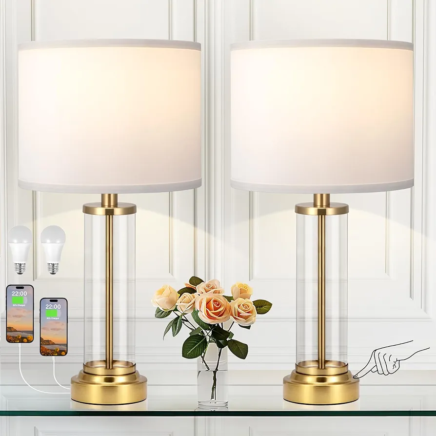 Gold Bedroom Lamps Set of 2 - Touch Bedside Lamp for Night Stands with USB C+A, 3 Way Dimmable Nightstand Table Lamps for Living Room, Modern Glass Lamp for Bed Side Guest Room