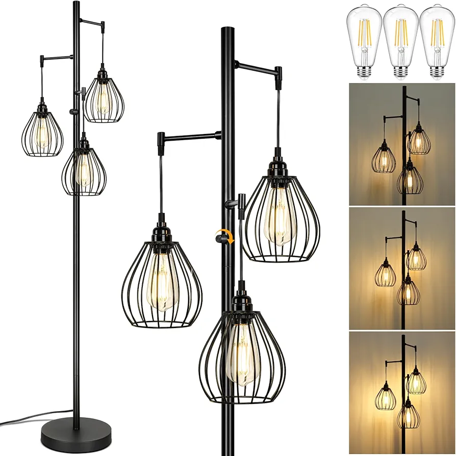 Dimmable Floor Lamp, Farmhouse Industrial Standing Lamp with 3 PCS 7W LED Edison Bulbs & 3 Light Elegant Teardrop Cage Heads, Black Rustic Tree Tall Vintage Pole Lamps for Living Room Bedroom Office