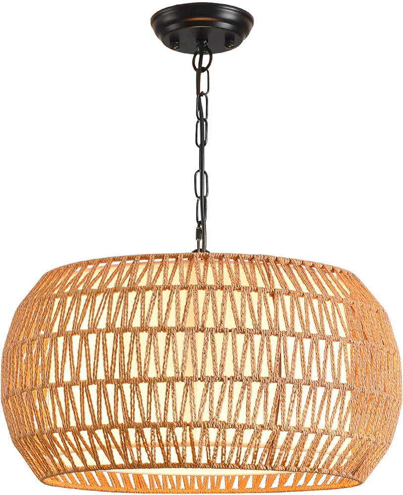 Rattan Pendant Lights Kitchen Island, 3-Light Large Wicker Chandelier, Hand-Woven Boho Light Fixture Basket Hanging Light for Dining Room Kitchen Island Living Room