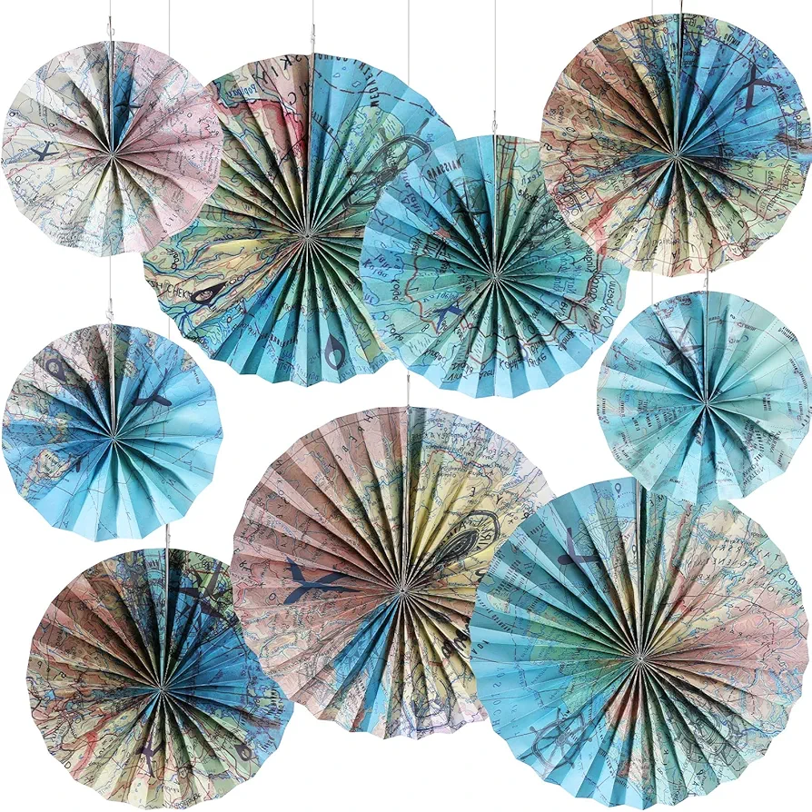 Outus 9 Pcs Travel The Map Hanging Paper Fans Decorations Adventure Awaits Bulletin Board Classroom Decorations Map Themed Ceiling Wall Garland for Kids Classroom Homeschool Office Decor (Travel)