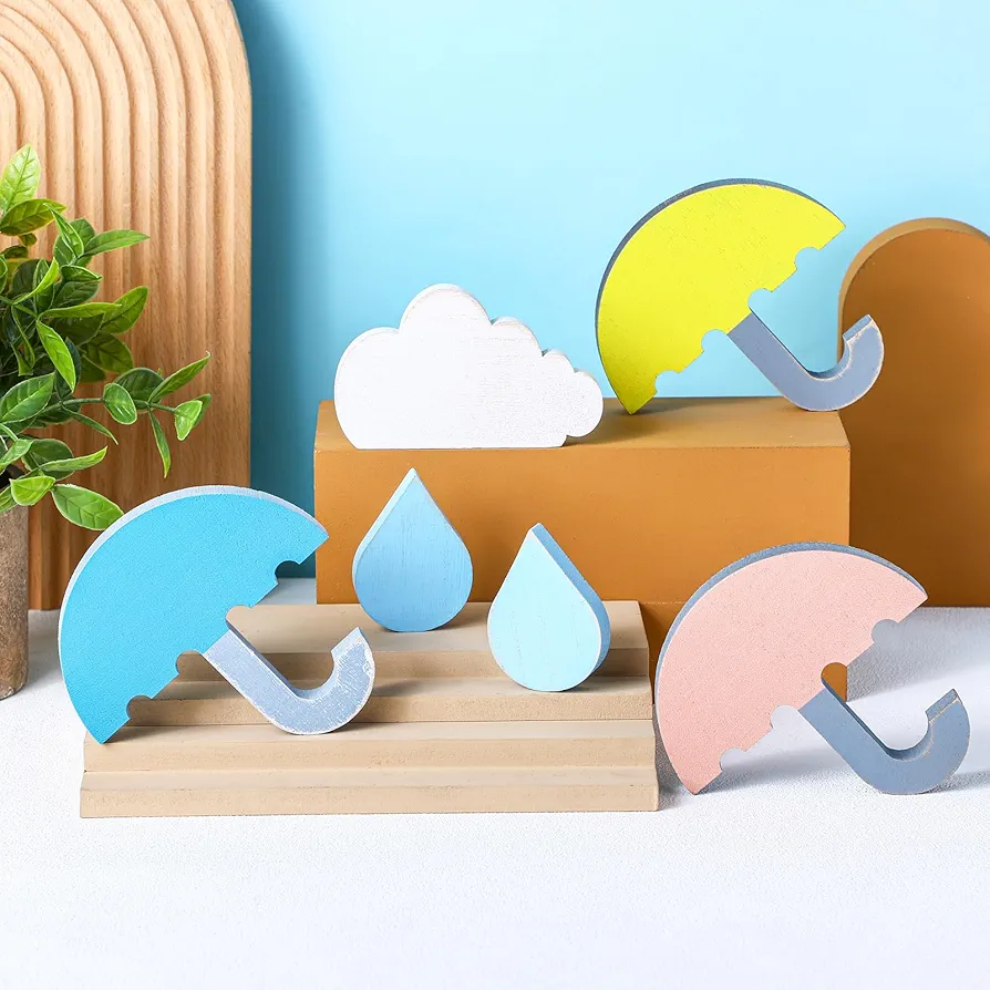 6 Pcs Boho Wooden Baby Nursery Decor Umbrellas Cloud and Raindrops Wood Nursery Shelves Decoration Cute Bohemian Wall Decor for Nursery Boys Girls Bedroom Kindergarten Playroom Baby Shower