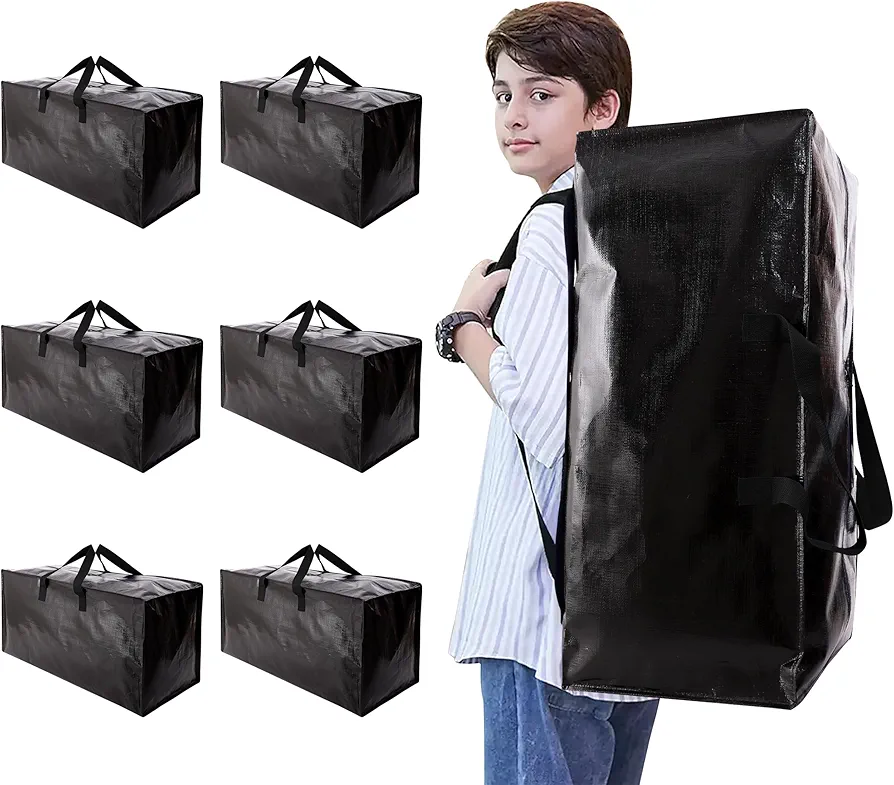 Heavy Duty Moving Bags with Backpack Straps and Strong Handles, Alternative to Moving Boxes and Storage Totes for Dorm Room Essentials, 6 Pack, Black