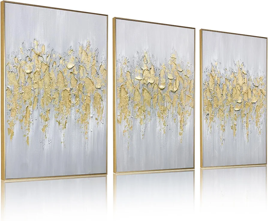 Zessonic Framed Gold Abstract Wall Art - Glam Gold Hand-Painting Canvas Art for Living Room Bedroom Decor Glitter Abstract Artwork for Modern, Contemporary Decor, 24" x 36" x 3 Panel