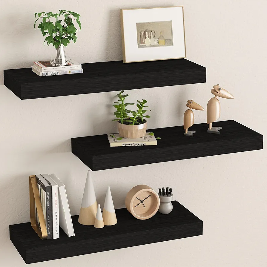 Wall Shelves, Floating Shelves for Wall, Wall Mounted Wood Shelves for Bedroom Laundry Living Room, Solid Wood Display Shelves Decor (Black, 17 Inch)