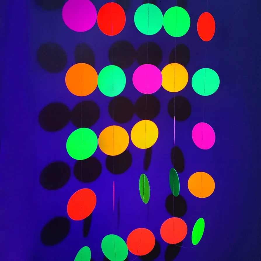 Neon Paper Circles Garland Rave Black Light Birthday Decorations, Glow in The Dark Party Supplies, UV Blacklight Reactive Decoration Room Decor, Hanging Circle Dots Streamers Wall Backdrop