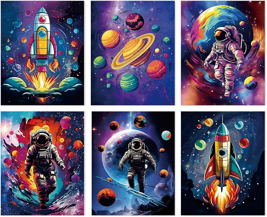 Outer Space Wall Art Prints,space art for kids, space themed decor, space nursery decor, Space Kids room Decor Kids Room Art,Cute Inspirational Astronaut Planet Poster for Boy and Girl Playroom Classroom Decoration，Set of 6 (8”X 10” ， No Frame