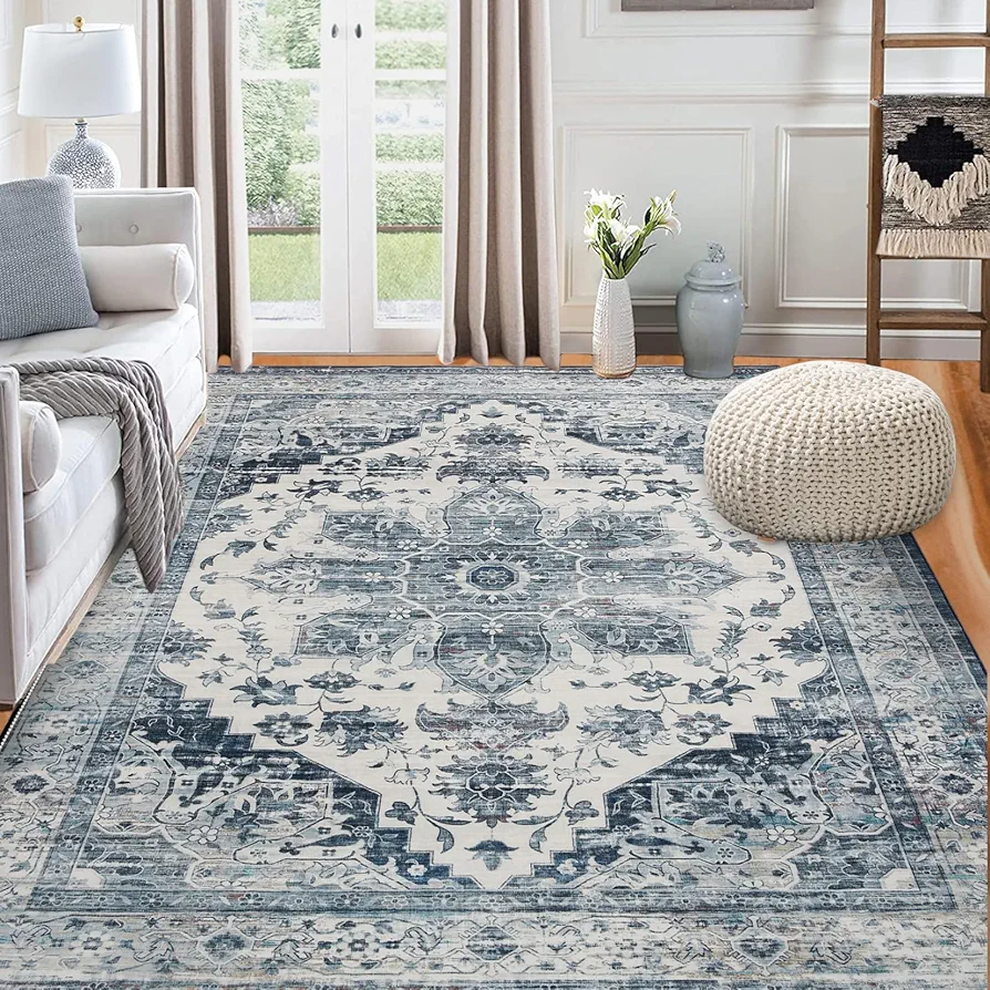 Vintage Rug for Bedroom Vintage Floral Printed Washable Rug Non-slip Laundry Room Rug Non-slip Kitchen Runner Rug Hallway Rug Laundry Rug Aesthetic Bedside Rug, Blue Rug, 6 x 9 Feet