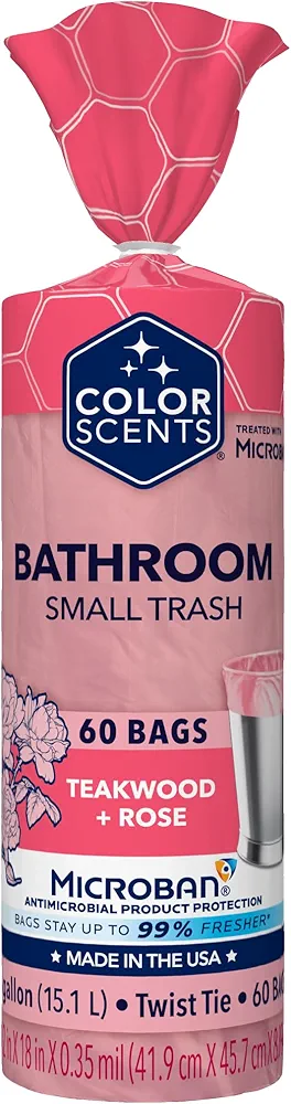 Color Scents Small Trash Bags - 4 Gallon, 60 Bags (1 Pack of 60 Count), Twist Tie - Pink Bag in Teakwood + Rose Scent with Microban