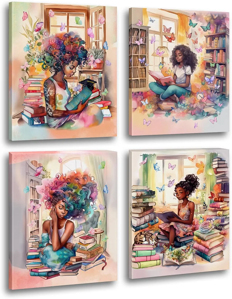 Black Girl Reading Wall Art Painting, Watercolor Butterfly Girl Books Wall Decor,African American Girl Inspiring Wall Art for Boho Teen Girls Room Wall Decorations (Framed 8" x 10"Inch x 4 pcs)