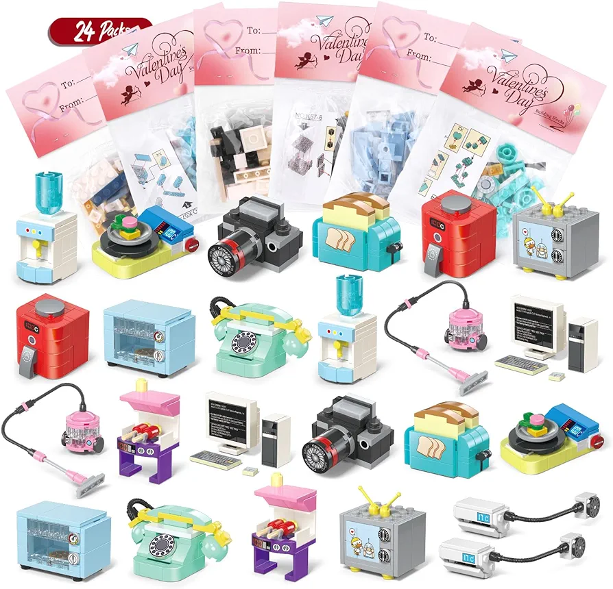 Valentines Day Gifts for Kids Classroom & Party, 24 Pack Appliances Building Blocks and Valentines Cards, Party Favors Toys for 3+ Years Old Boys & Girls