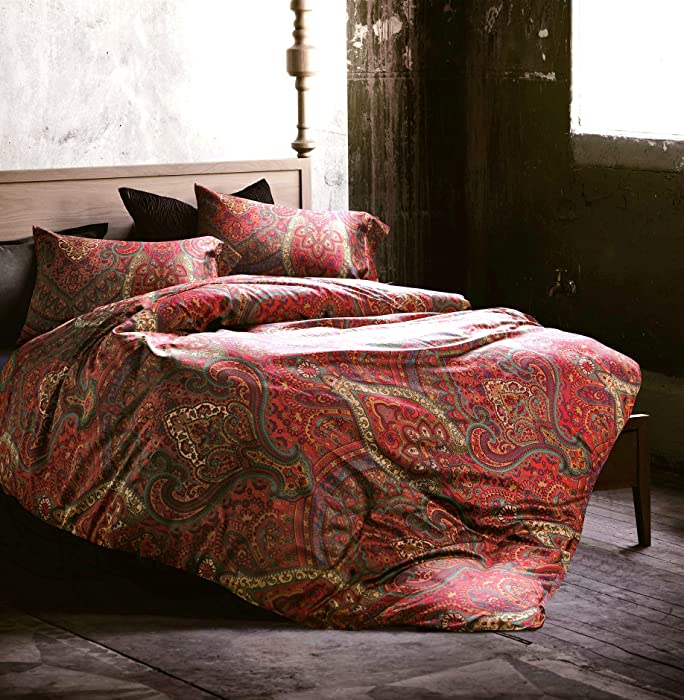 Eikei Boho Paisley Print Luxury Duvet Quilt Cover and Shams 3pc Bedding Set Bohemian Damask Medallion 350TC Egyptian Cotton Sateen (King, Spanish Red)