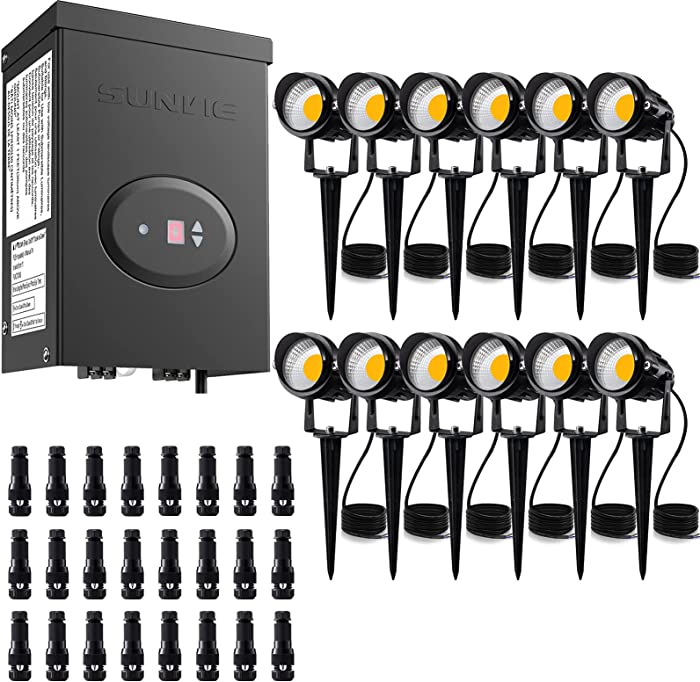 SUNVIE 12 Pack 12W Low Voltage Landscape Lights with Transformer and Connectors 12-24V Outdoor Landscape Lighting, 200W Landscape Lighting Transformers with Timer and Photocell Sensor ETL Listed