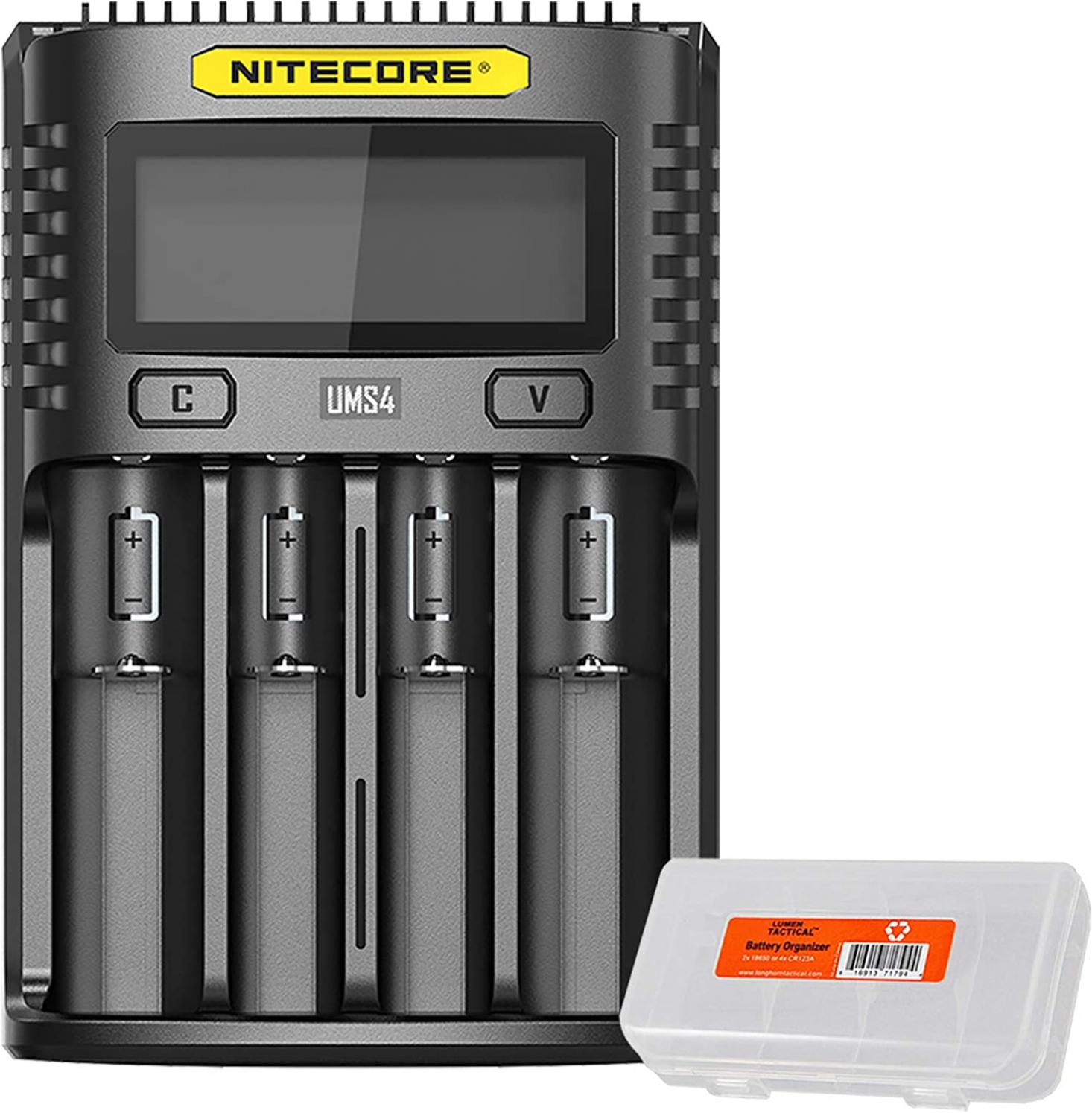 Nitecore UMS4 Intelligent USB Four Slot Quick Battery Charger for Li-Ion/Ni-MH/Ni-Cd/IMR 16340 14500 18650 21700 20700 AA AAA and More Batteries, with LumenTac Battery Organizer