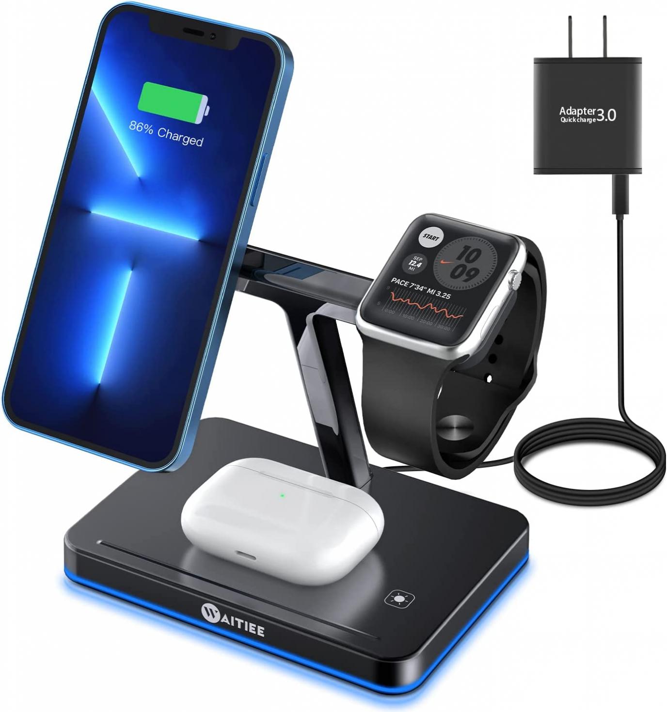 WAITIEE 3 in 1 Magnetic Charger wireless Charging Station with QC 3.0 Adapter