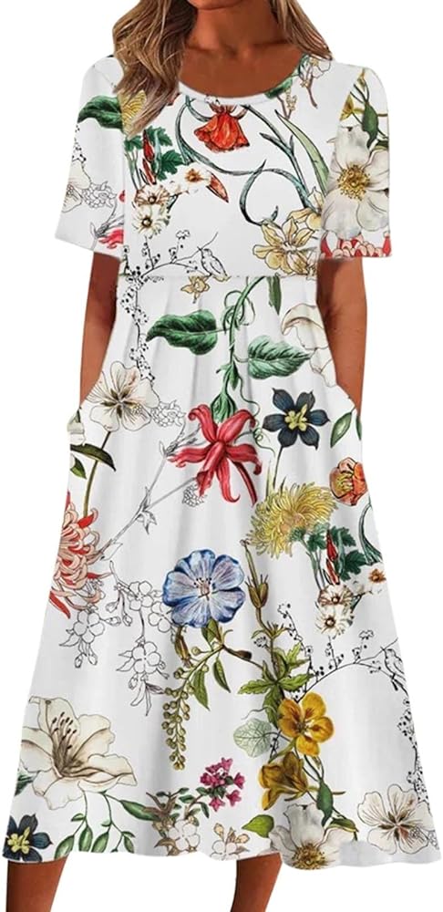 Midi Dresses for Women 2024 Summer Casual Fashion Short Sleeve T Shirts Dress Boho Beach Vacation Floral Print Cute Sundress