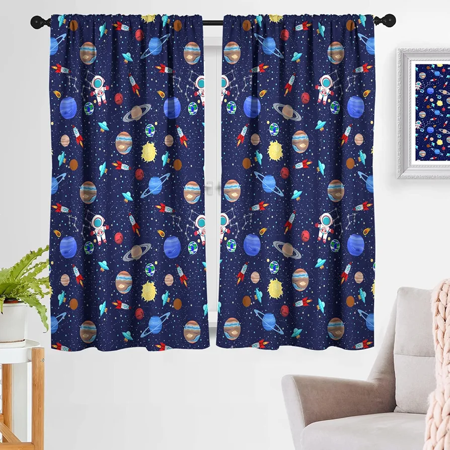 Kids Boys Window Curtain Galaxy Outer Space Playroom Spaceman Planet Theme Solar System Astronaut Blue Cartoon 42" W x 63" L Curtains for Bedroom Living Room Bathroom 2 Panels Rod Pocket Drapes